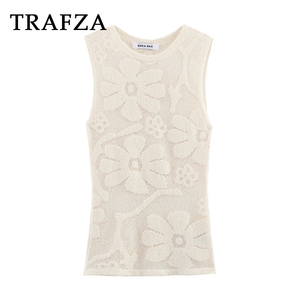 

TRAFZA Chic 2025 Flower Print Women Spring Knitted Tops Fashion O-Neck Sleeveless Slim Vest Casual Female Pullover Long Vest