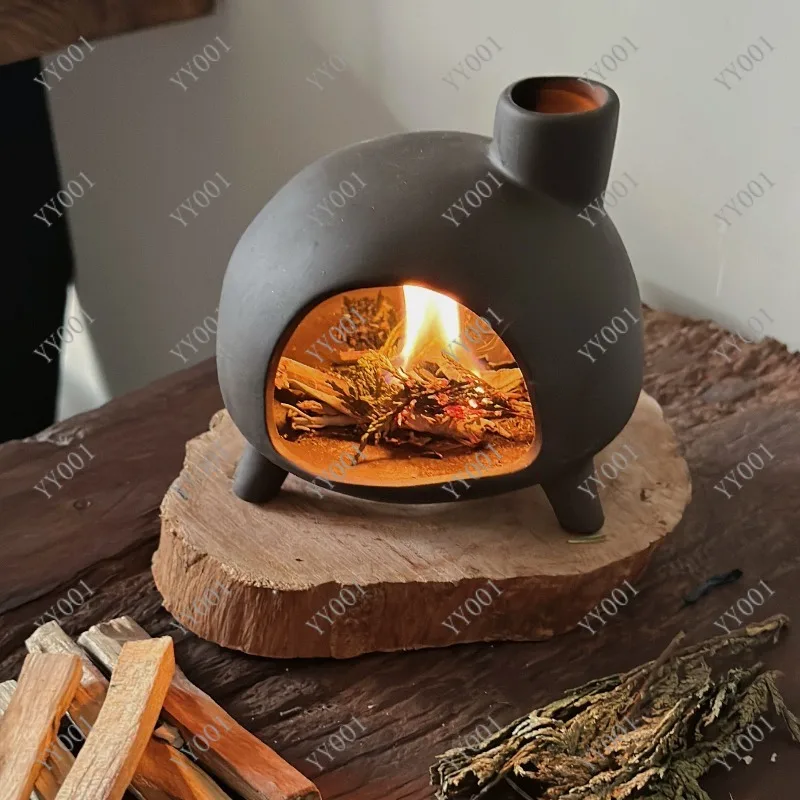 Handcrafted Ceramic Aromatherapy Stove with Tray Small Fireplace Design Home Incense Holder Decor