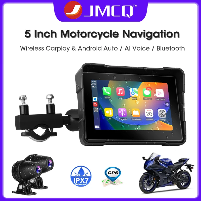 JMCQ 5 Inch Motorcycle Carplay DVR Wireless Carplay & Android Auto IP67 Waterproof GPS Navigation IPS Screen Display Dash Cam