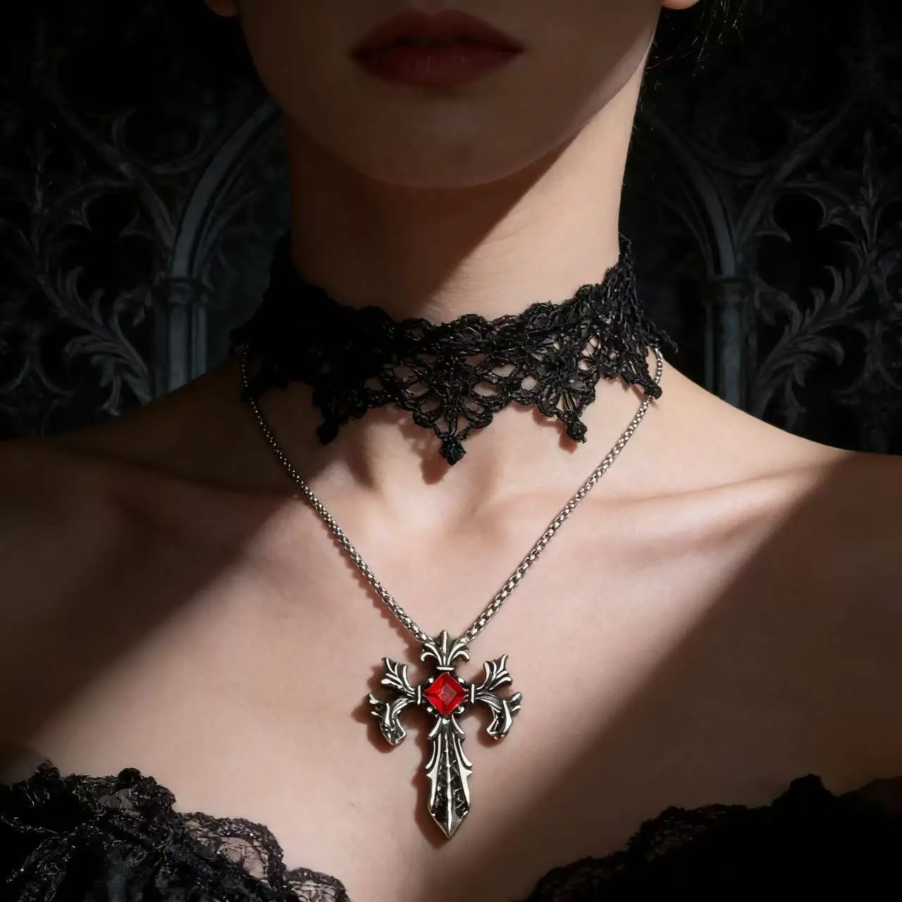 HNSP Gotischer Stil Design Roter Stein Kreuz-Anhänger Halskette Vintage Goth Schmuck Accessoire Geschenke – Detail 5