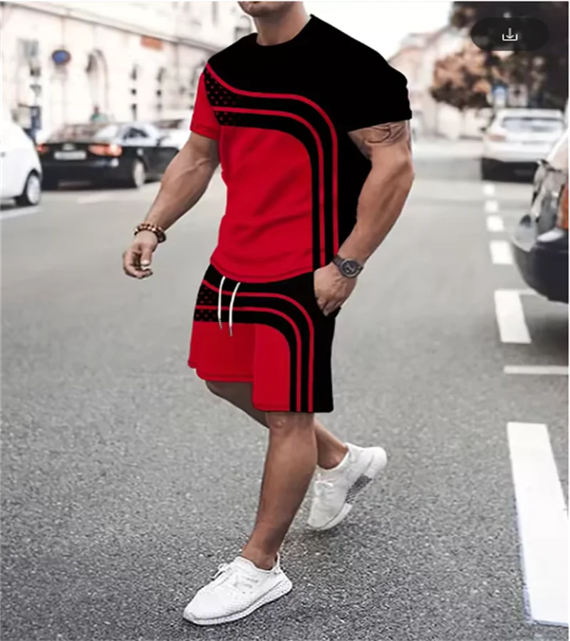 Novo design de moda camiseta masculina esportes com cordão shorts simples impresso masculino 2 peças verão conjunto respirável