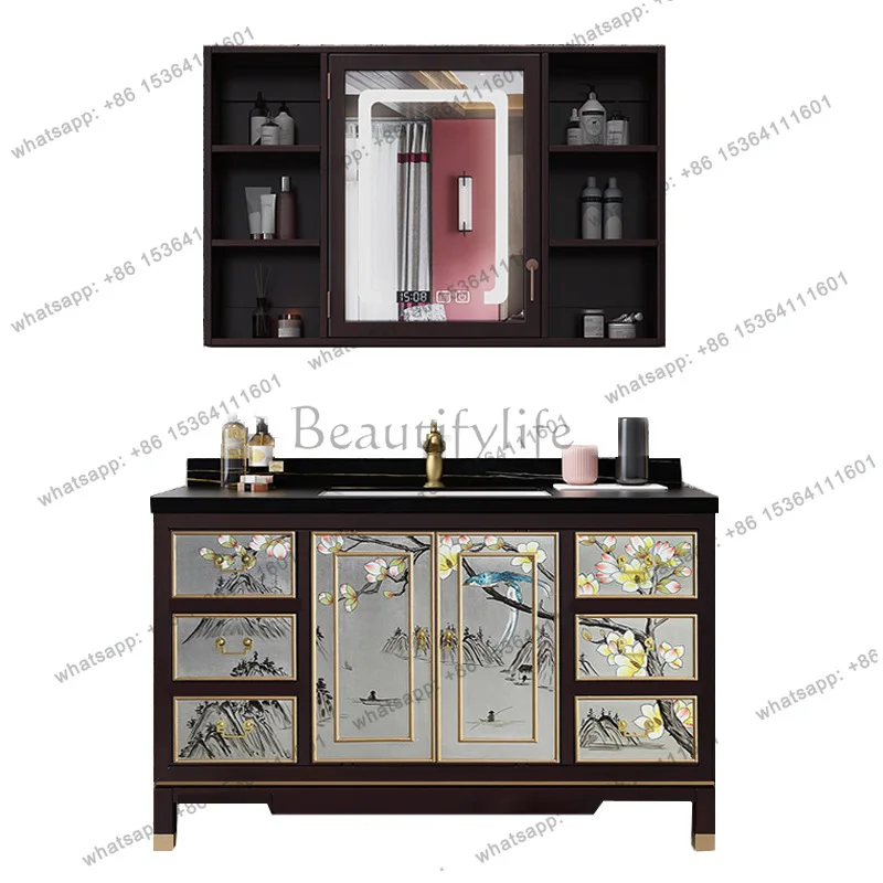 

New Chinese bathroom cabinet Solid wood floor-to-ceiling bathroom Double basin rock slab wash basin cabinet