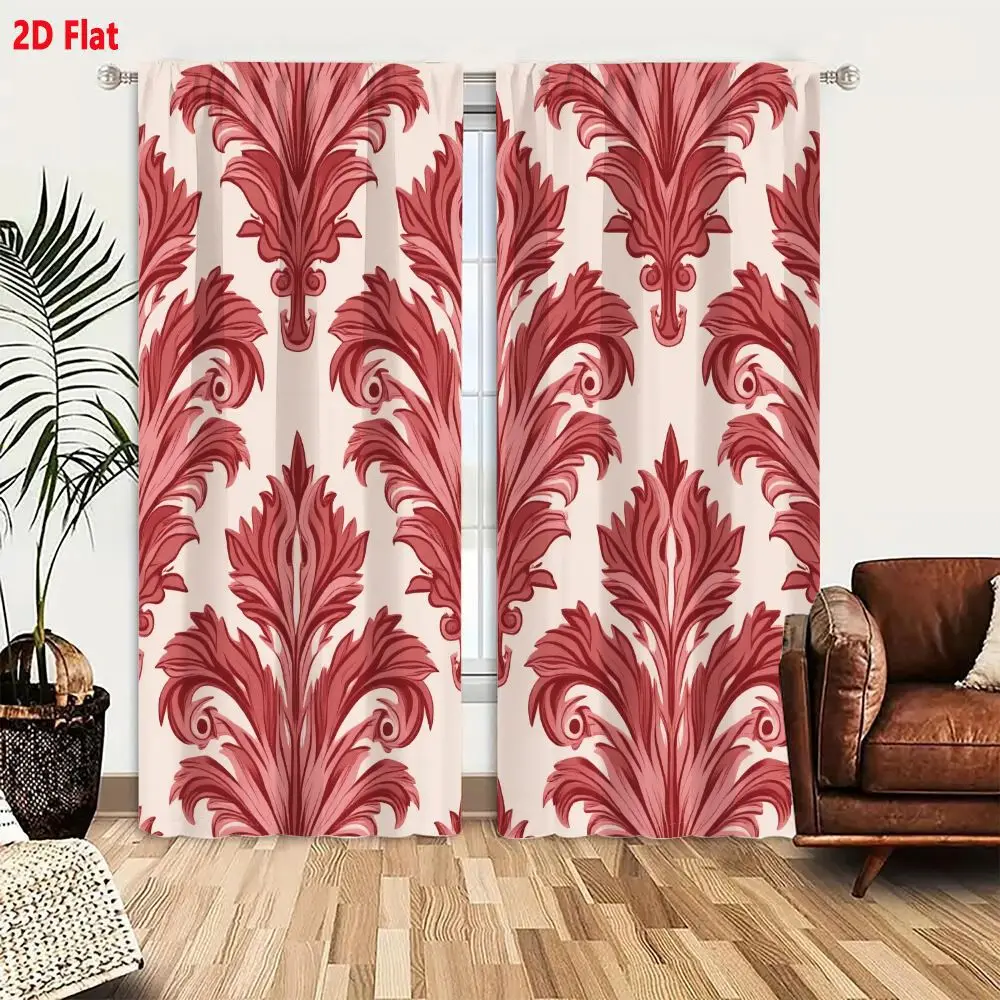 2Pcs Curtains 2D Flat Classic Damask Pattern With Intricate Floral Motif And Red Pink Leaves On Cream Background Window Drapes f