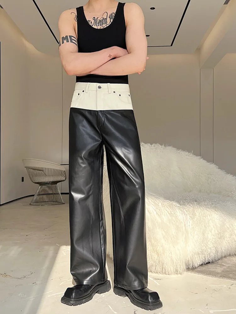 Designer Denim Matching PU Leather Color Contrast Versatile Straight Pants 2024 Spring Wide Leg Trousers High Street