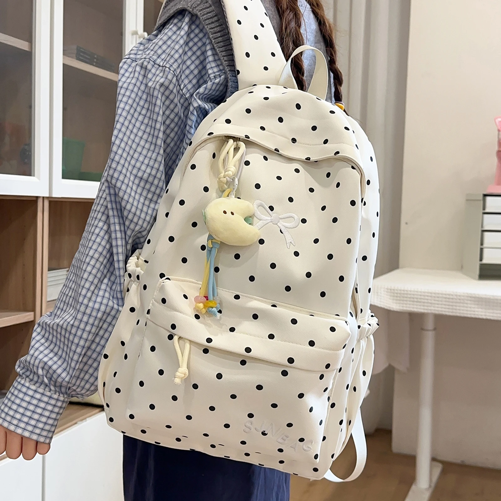 Korean Style Cute Polka Dot Backpack Nylon Women Large Capacity Campus Daypack