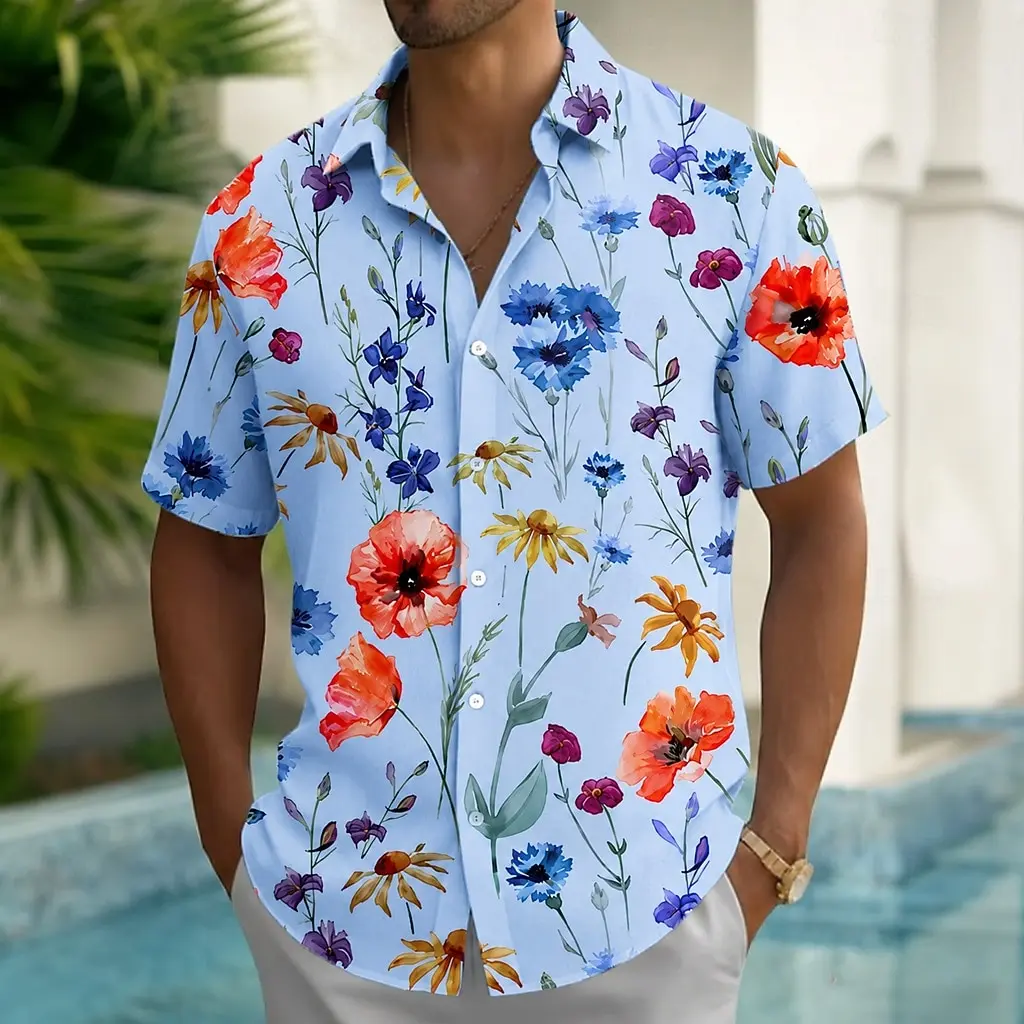 Men Wild Poppy Daisy Floral Print Short Sleeve Shirts Lapel Button Down Summer Beach Garden Casual Vacation Blouse