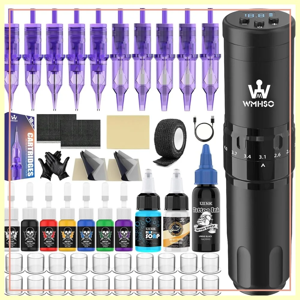 

Wireless Tattoo Pen Kit for Beginners - Complete Set with 1500mAh Battery, Practice Skin, Cartridges & Inks