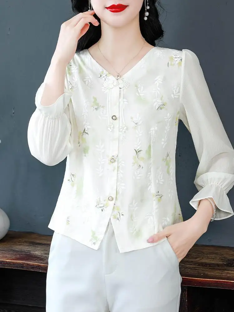

Temperament Top Light Chinese Style Long-sleeved Sleeve Chiffon Shirt for Women's Summer New Fashion Beautiful Floral Short