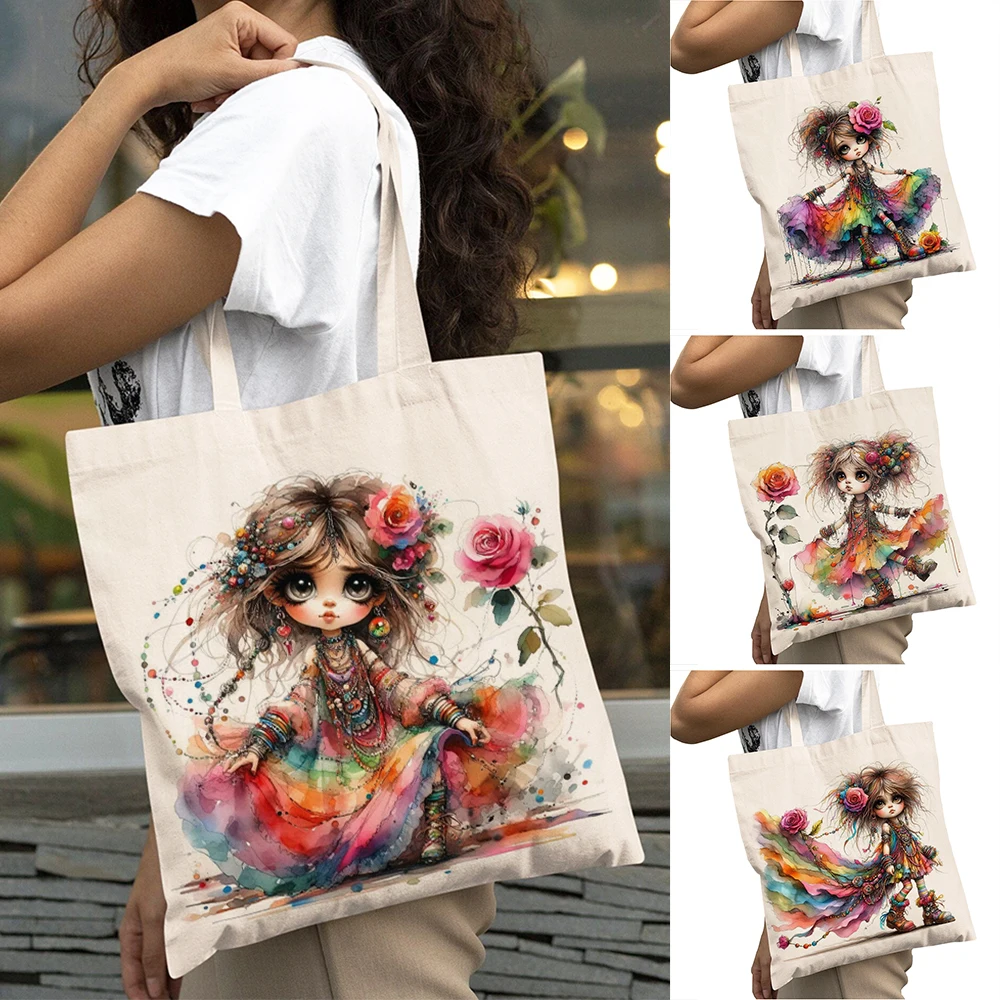 

Cute Cartoon Girl Flower Women Shopper Bags Big Capacity Child Daily Commute Tote Handbag Double Print Lady Shopping Bag