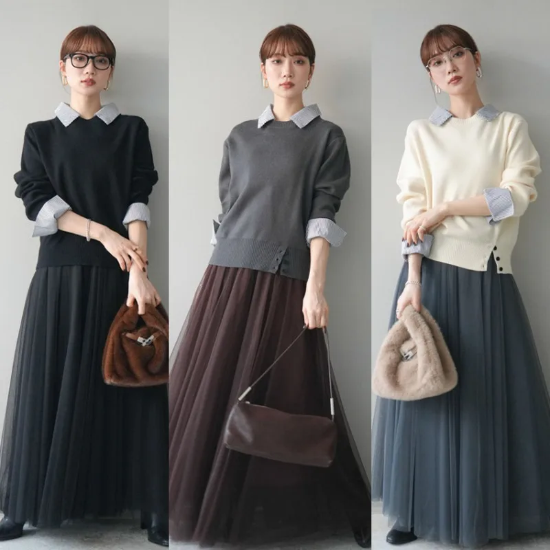 

2026 Spring Autumn New Striped Splicing Long Sleeve Knitted Sweater Women Korean Style POLO Collar Pullover Knitwear Tops Jumper