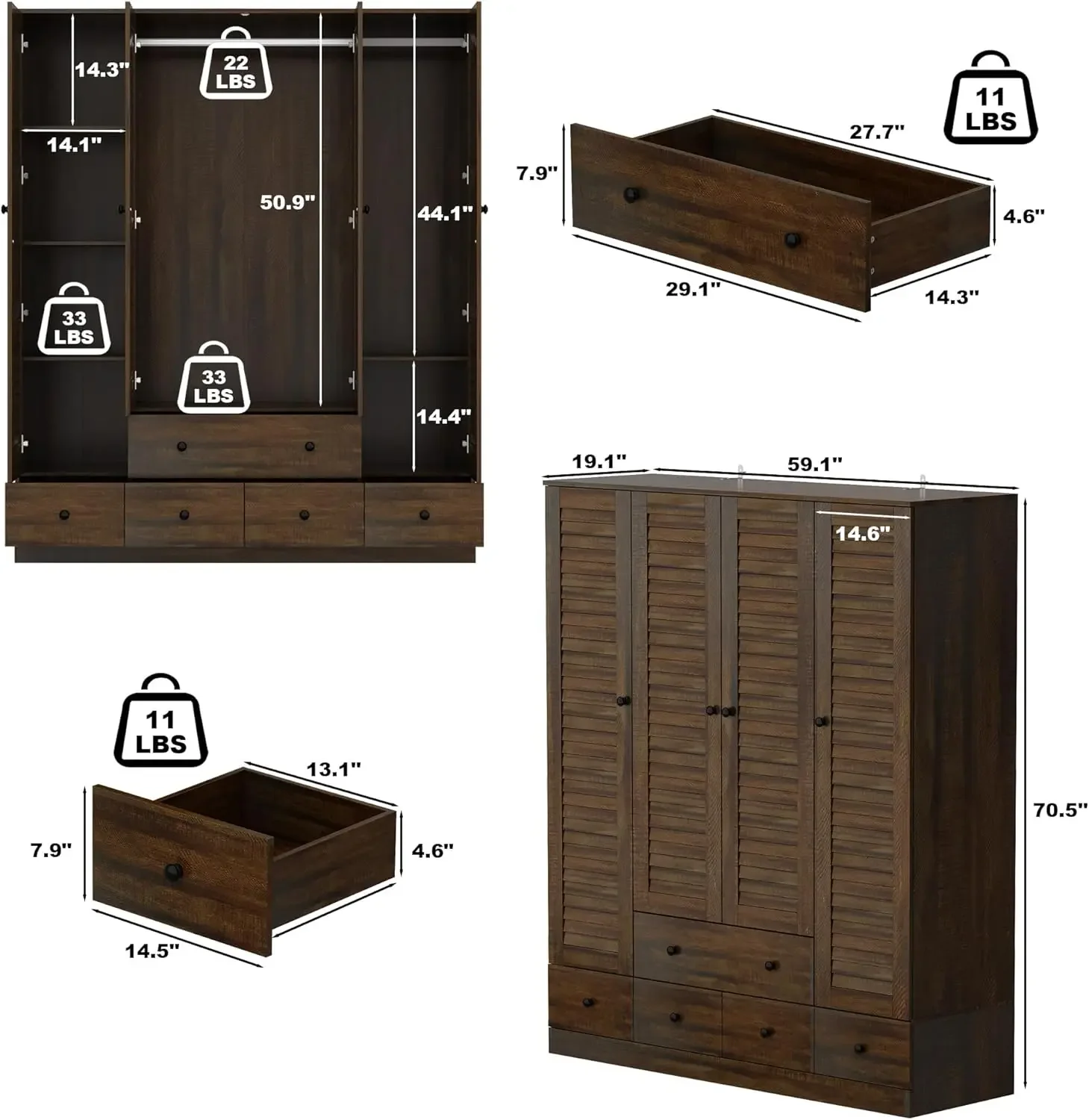 Wardrobe Armoire with 4 Louvered Doors, Wardrobe Cabinet, Bedroom Armoire Dresser Wardrobe Clothes Organizer, Dark Walnut