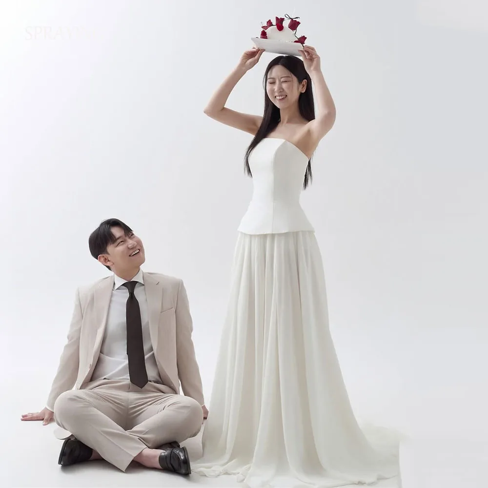 PRINCIONAMIENTO Vestidos de novia de gasa de color marfil Sesión de fotos de Corea Sin tirantes Una línea Vestidos de novia largos con gradas Corsé Personalizado Dende