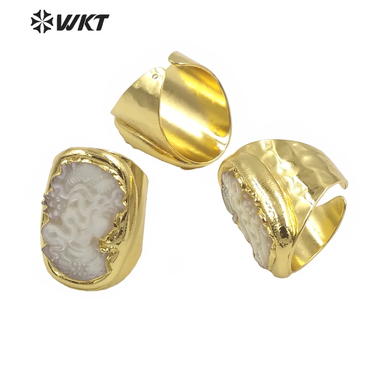 WT-MPR062 Beautiful Hand Carved Shell Beauty Ring 18K Real Gold Plated Women Big Gift Ring In 10 PCS