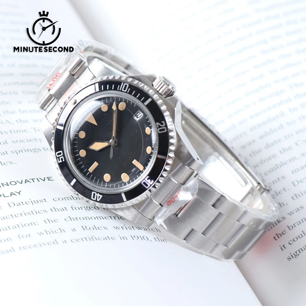 MINUTESECOND Vintage Watch NH35 Watch Black Bezel NH35 Automatic Movement Waterproof Acrylic Glass Stainless Steel Men's Watch