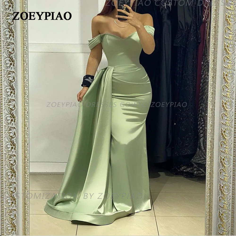 

Elegant Green Off Shoulder Prom Dresses Satin Sweetheart Mermaid Short Sleeve Evening Gowns Floor Length Dinner Party Dress