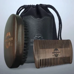 Gracemen Retro Beard Set - Boar Beard Brush & Double Sides Wooden Beard Comb & Leather Protection Sleeve & Travel Pouch