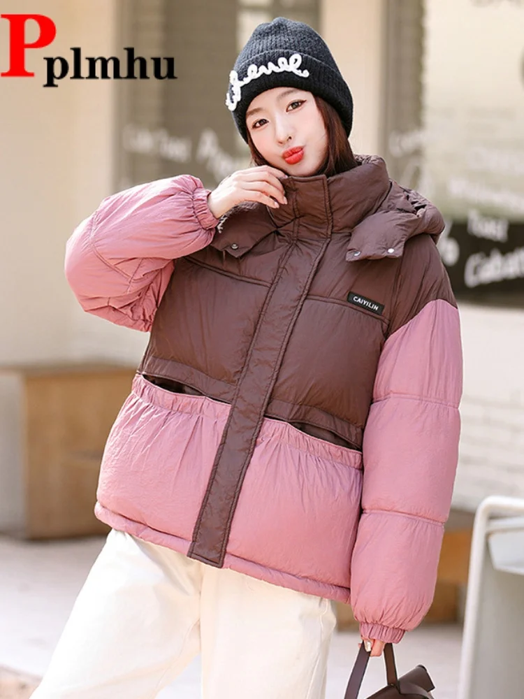 

Contrasting Color Thickened Warm Jackets Women's Casual Short Spliced Chaquetas Fashion Patchwork Hooded Patchwork Jaquetas