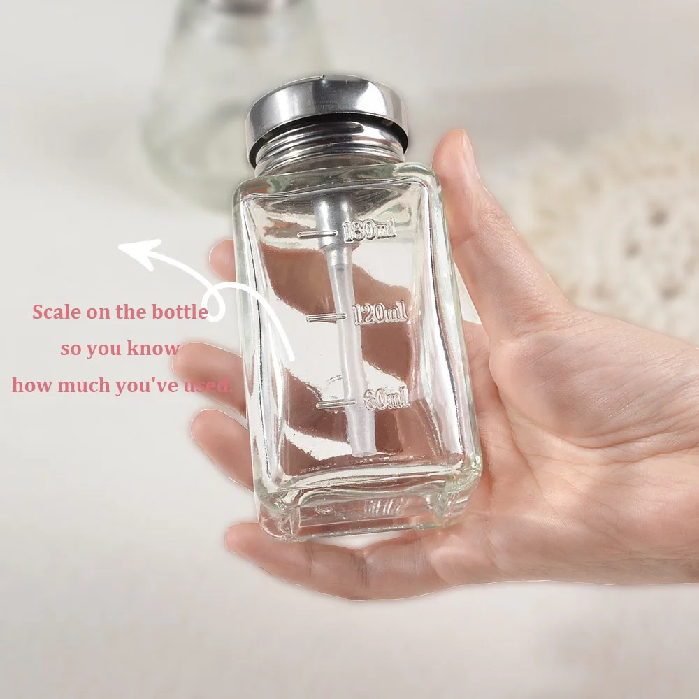 180ml Transparent Pump Dispenser Bottle with Scale Pressed Alcohol Nail Polish Remover Cosmetic Dispenser Container