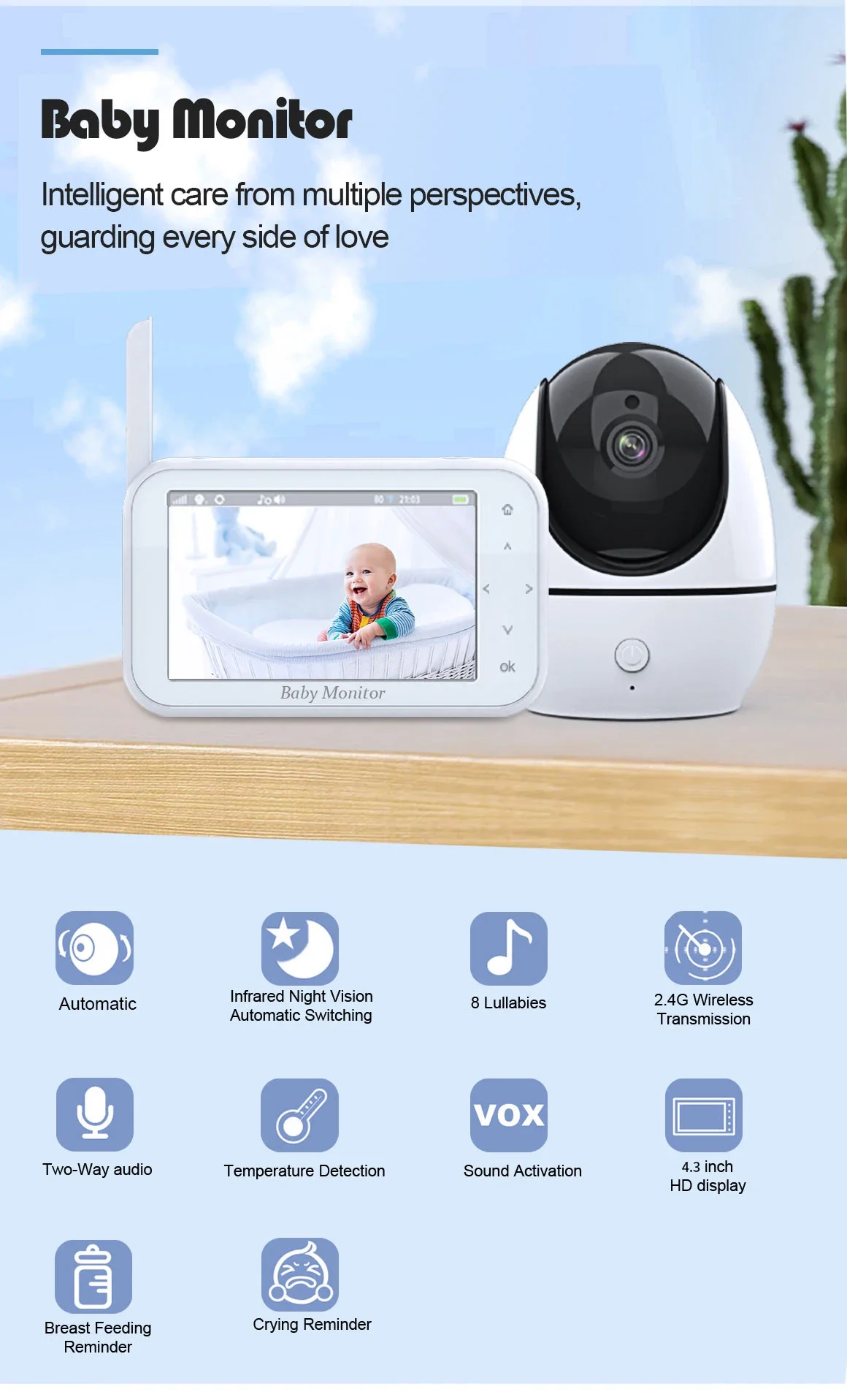 4.3 Inch Baby Monitor With Camera Wireless Video Nanny Security Night Vision Temperature Sleep PTZ Camera Baby Monitor