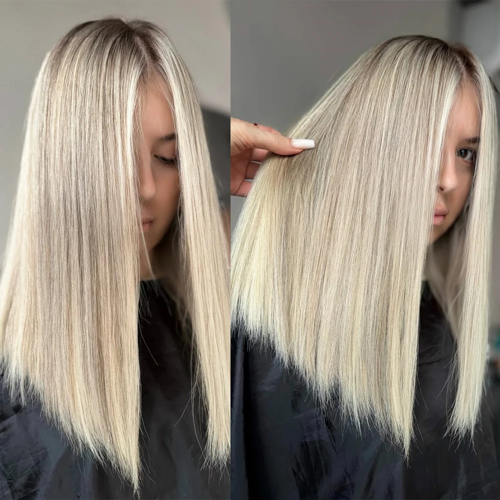 Glueless Highlight Ash Blonde Straight Wig Blend 5% Human Hair Synthetic Wigs 13x4 Lace Front Wigs Preplucked Natural Ash Roots