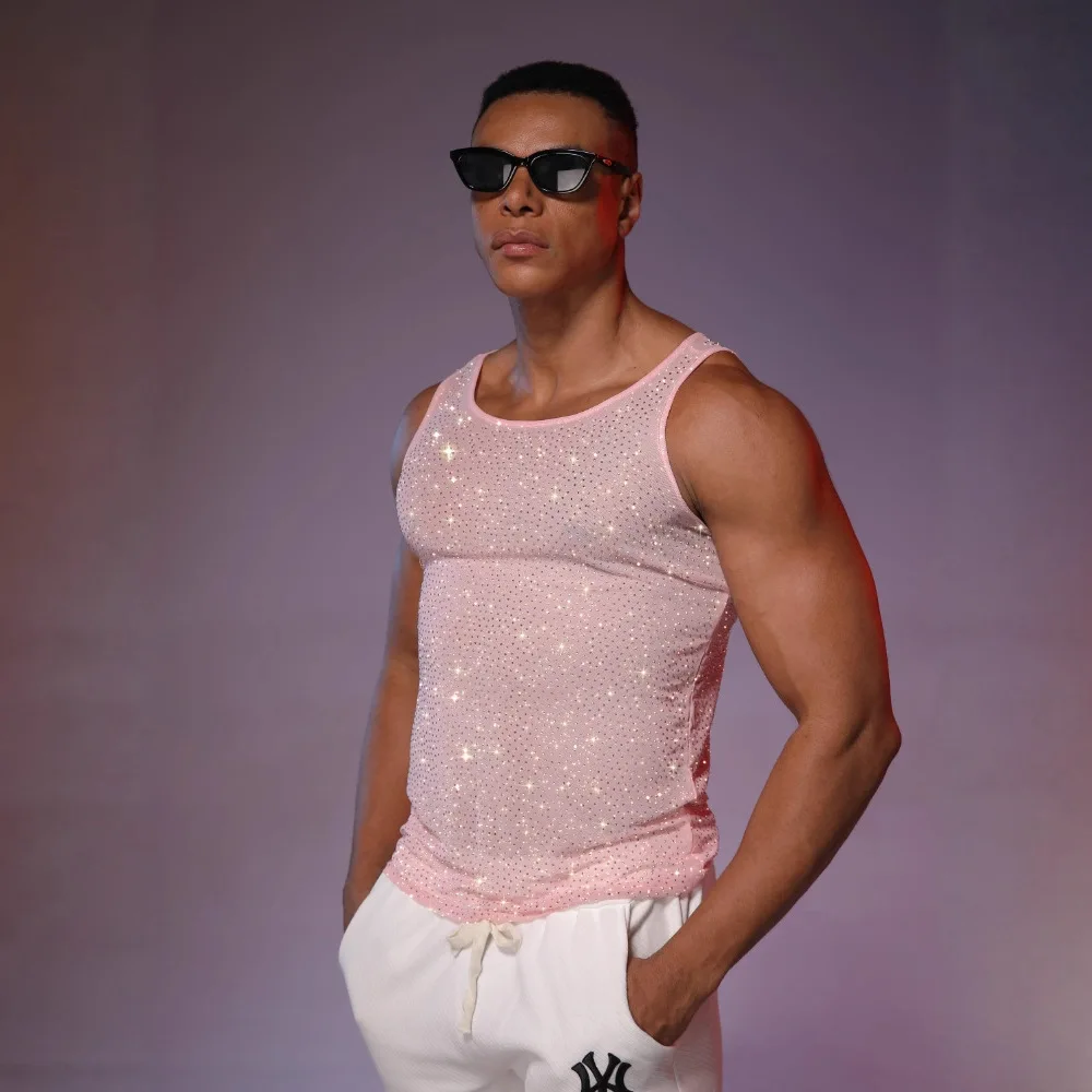 Men Pink Rhinestone Mesh Tank Top Shiny Sparkly Sheer Sleeveless Vest for Rave Party Nightclub Streetwear