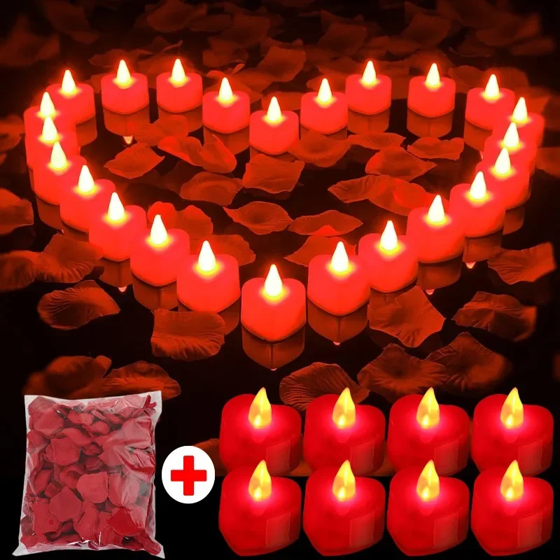 

LED Candle Lights + Artificial Rose Flower Petals for Valentines Day Wedding Party Dating Room Romantic Lamp Lantern Decorations