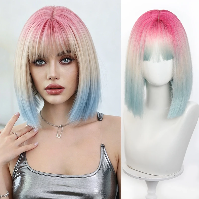 

Wig female gradient rainbow color bob hairstyle full top collarbone hair short hair