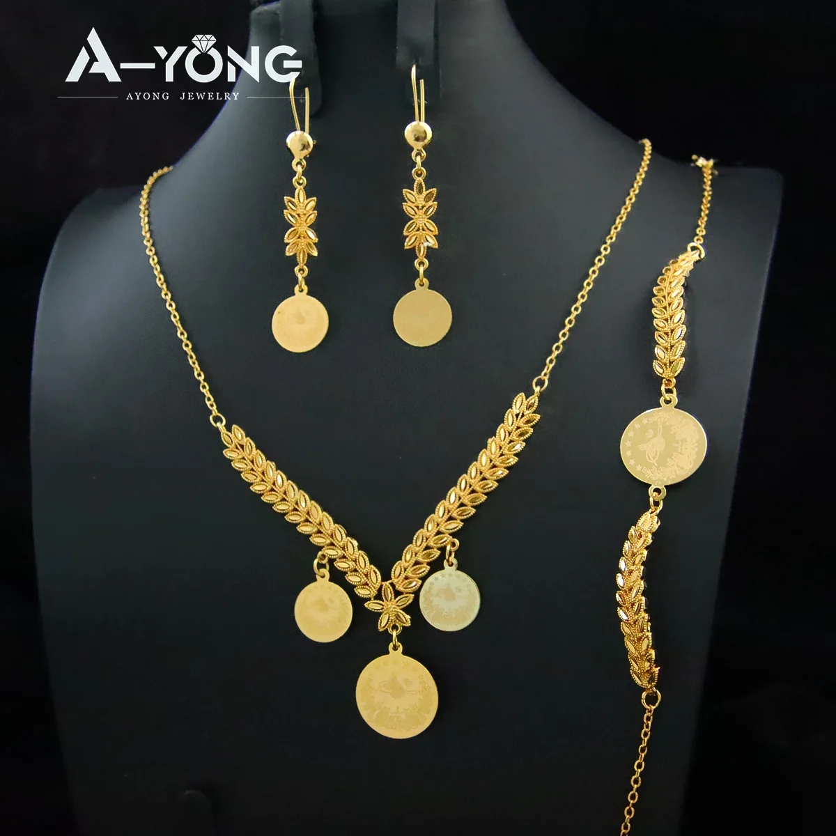 AYONG Luxury Gold Color Leaf Necklace Set 21k Gold Plated Arab Tassel Coins Pendant Dubai Nigeria Women Wedding Party Jewelry