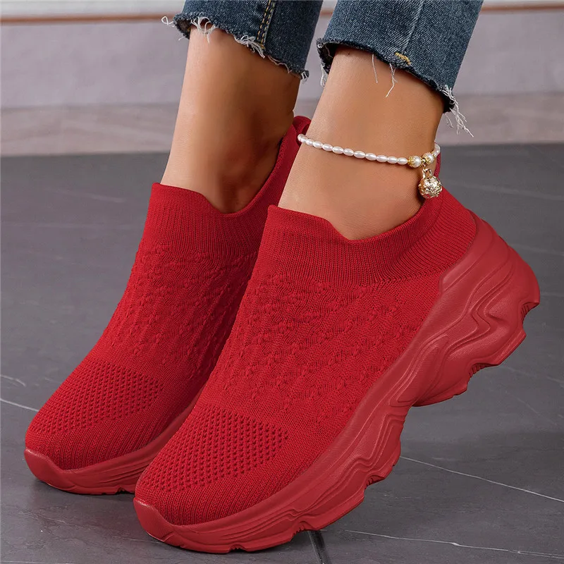 Red Women\'s Socks Sneakers Trend 2024 Comfortable Woman Platform Shoes Big Size 42 Slip-on Casual Sneakers Zapatillas De Mujer