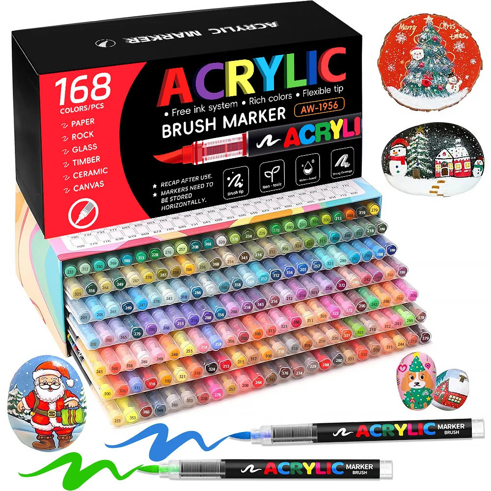 Automatic Ink-Control Acrylic Paint Markers, 168-Piece Brush Tip Acrylic Paint Pen Set, Includes 168 Professional Color Series, Suitable for Rock Painting, Ceramics, Wood, Canvas, Glass, Fabric, Card Making, Diy, and Art Supplies