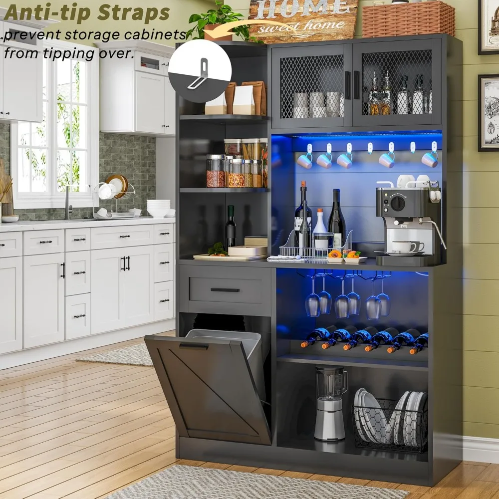 67.3" Tall Modern Black Kitchen Pantry Storage Cabinet with Drawer and Shelves, Tilt Out Trash Can, Coffee Bar Wine Cabinet with