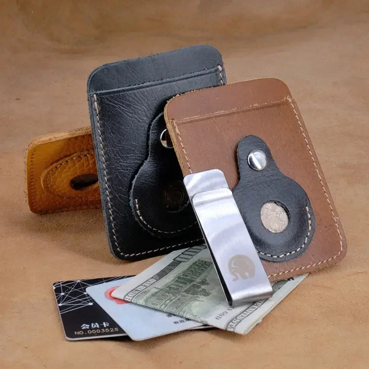 

Top Layer Cowhide Slim ID Credit Card Holder Metal Change Money Clip Lucky Coin Pouch Access Control Cards Tracker Small Bag