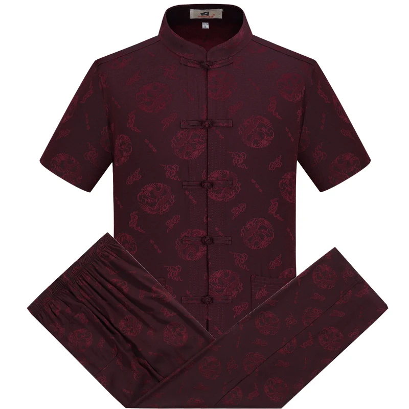 Male Chinese Stand-up Collar Hanfu Casual Men Kung Fu Clothing Traditional Embroidery Tang Suit Short-sleeved Shirt And Pants