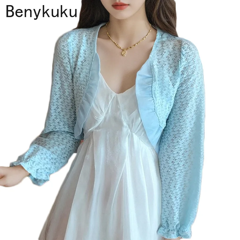 Summer Sun-protective Lace Shrug for Women French Style Long Sleeve Cardigan Ruffles Coat Elegant Thin Outerwear Crop Top Bolero