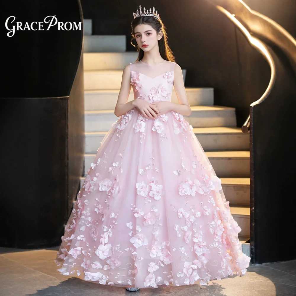 

Charming Pink 3D Floral Flower Girl Dress Sleeveless Sheer Embellished Tulle Skirt Kids Princess Wedding Pageant Formal Gown