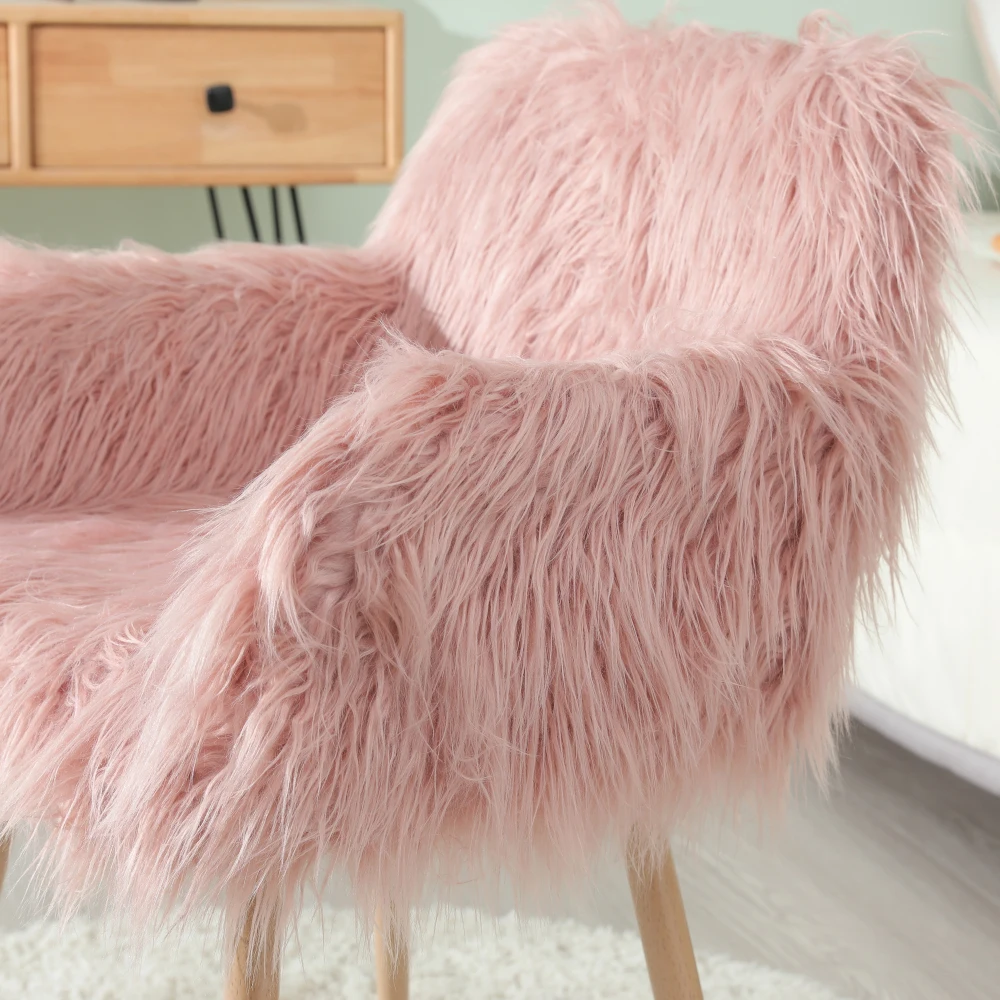 PINK Faux Fur Upholstered Make Up Chair Side Dining Chair with Metal Leg(PINK Beech Metal Leg)