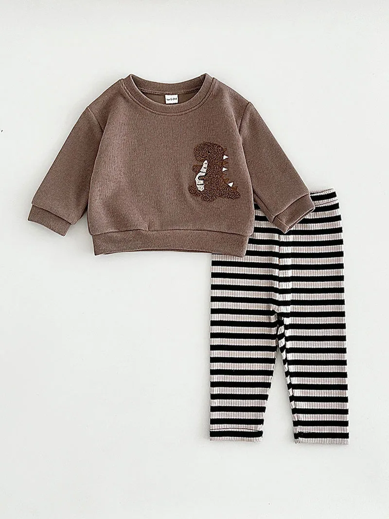 

MILANCEL New Autumn Baby Clothes Set 6M-3T Cartoon Dinosaur Boys Hoodie +Striped Trousers Loose Toddler Girls Outfit 2PCS