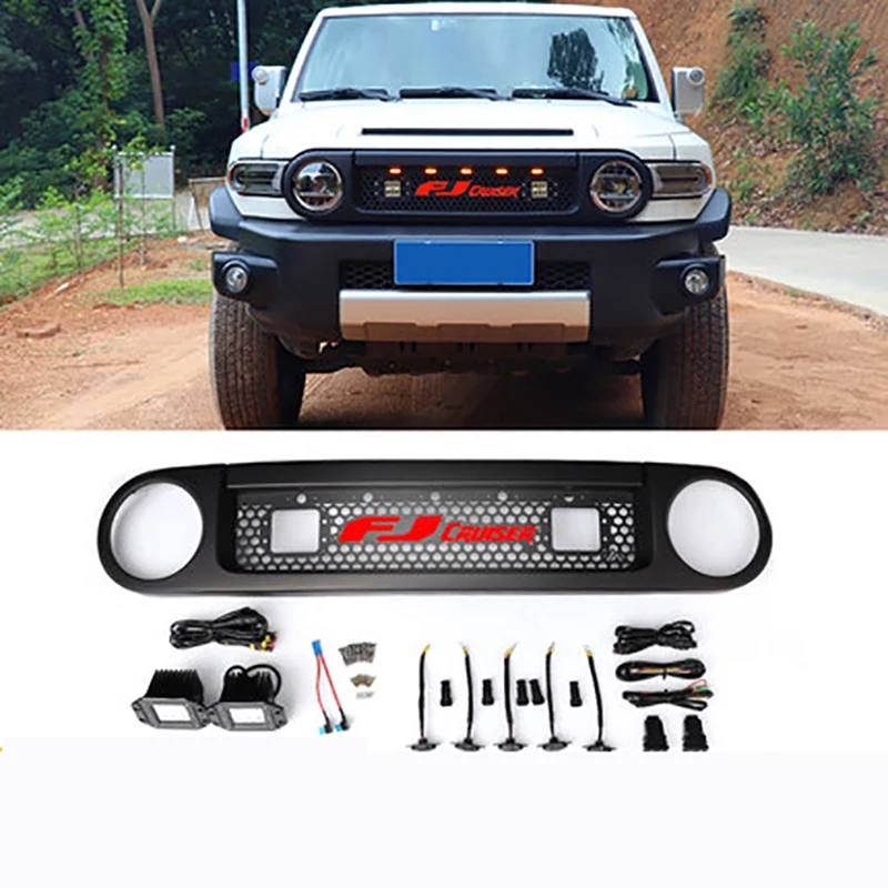 With Spotlight Racing Grills For Toy ota FJ Cruiser Front Grid Decoration Small Yellow Light Exterior Modification Accessories