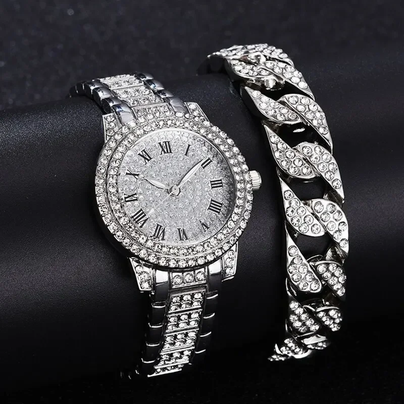Luxus Frauen Diamant Uhren 1/2 stücke Hip Hop Armband Damen Quarzuhr Rose Gold Frauen Armbanduhr Glänzenden Kristall Reloj mujer
