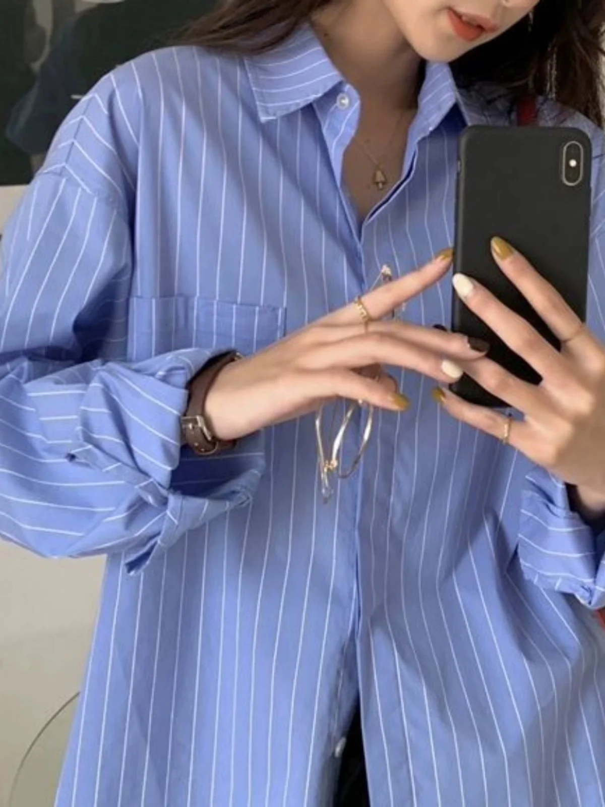 Slimming Striped Shirt Women's Spring Autumn Long Sleeve Korean Design Versatile Top Midi Length Polyester Fiber Casual Wear