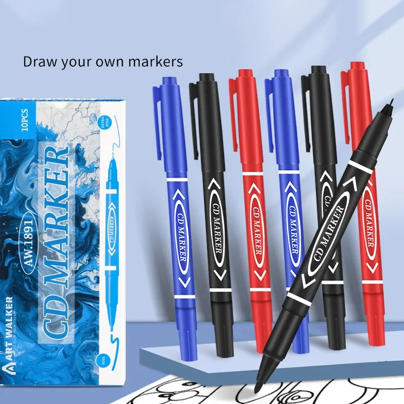 12pcs/set Double Head Marker Pen Waterproof Black/Blue/Red Oily Ink Pen School Study Stationery Life Office Supplies