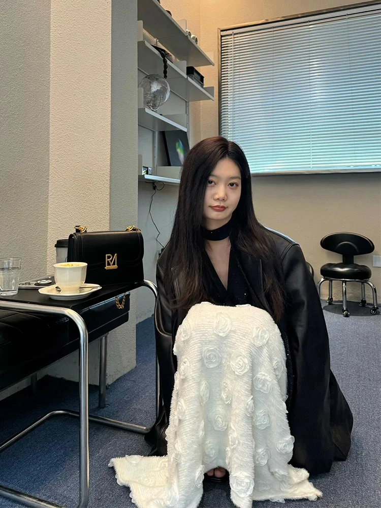 2025 신상 퓨어 블랙 수트 가죽 자켓 여성용 가을 겨울 루즈핏 개성있는 하이엔드 심플 가죽 자켓 한국 스타일