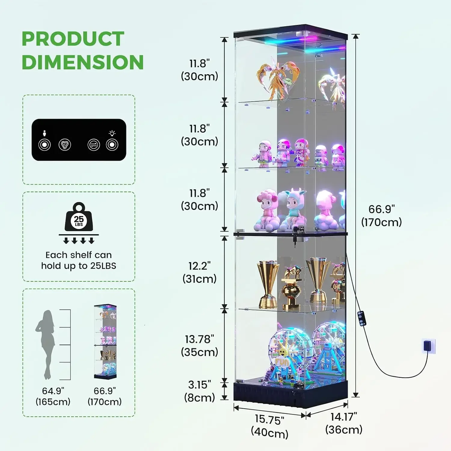 Black Lockable Display Cabinet with LED Motion Sensor Light for Collectibles 5 Tier Curio Shelf Explosion Proof Glass Bookcase