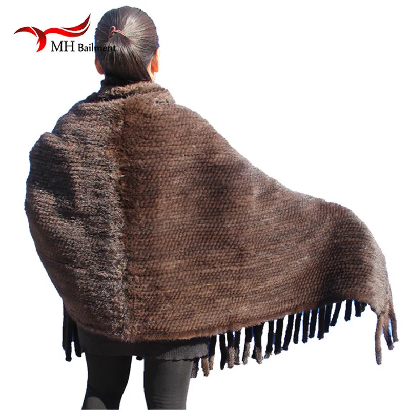 Elegant Real Knitted Mink Fur Shawl Scarf Womens Casual Poncho Knitted Mink Fur Black Scarves Scarf, Hat Glove Sets S#2