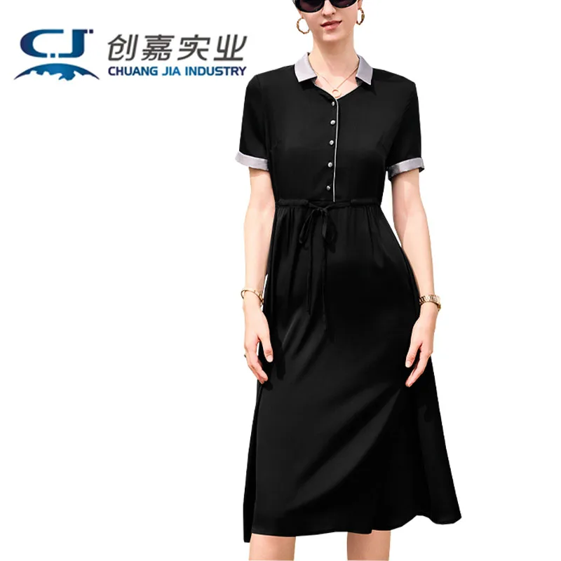 High-end Silk Spring Summer Women's Dress French Temperament High-waisted Black Mulberry Silk Shirt Dress Temperament Elegant