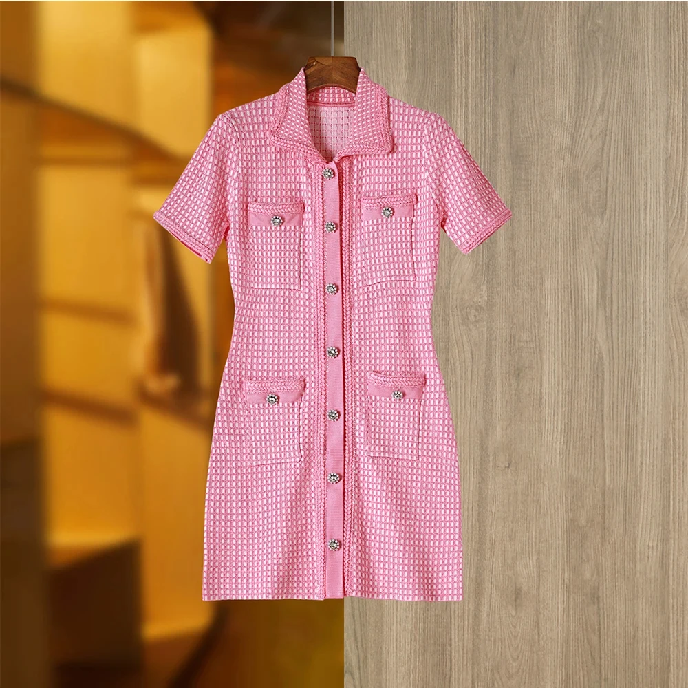 

Short Sleeve Pink/Blue 2 Solid Color Luxury Woven Tweed Fabric Straight Women Sweet Quality Dress