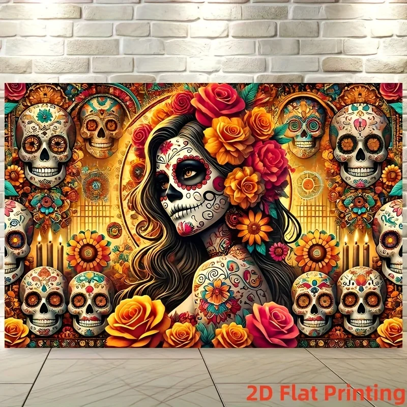 لافتة مسطحة ثنائية الأبعاد قطعة واحدة من لافتة خلفية فنية هيكل عظمي مكسيكية تقليدية - جدار من القماش الحيوي يغطي الزهور