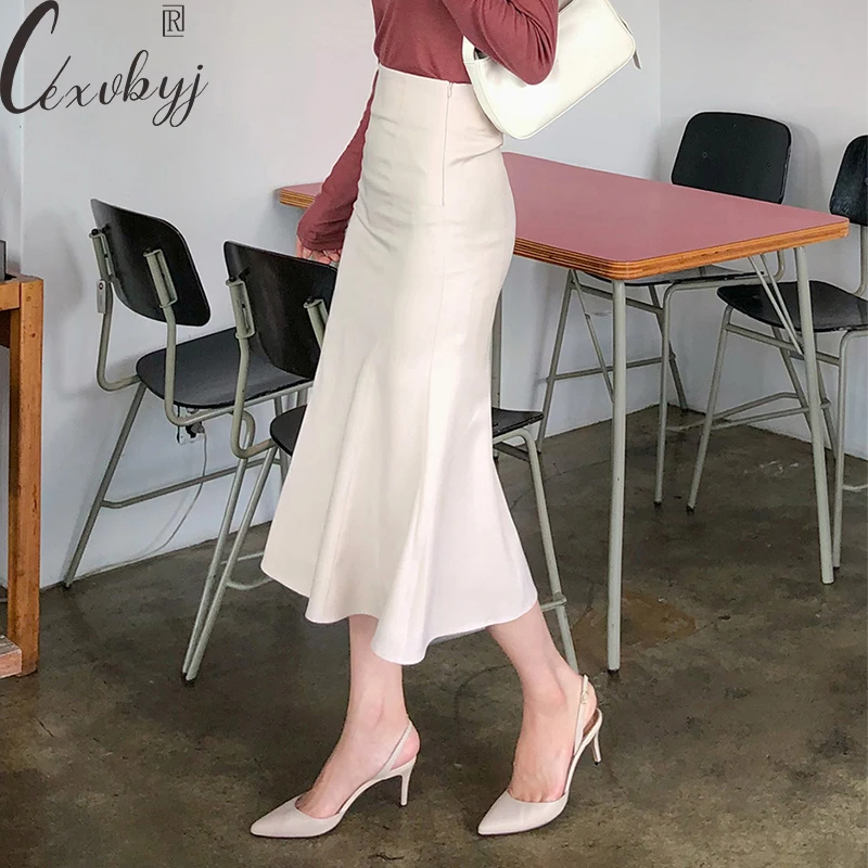 

Women Elegant Long Mermaid Skirt Korean Fashion Solid Color High Wiast Skirts Office Lady Work Stretch Package Hip Ruffles Skirt