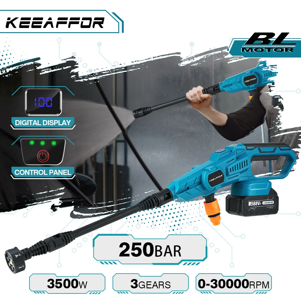 

KEEAFFOR 250Bar 3500W Brushless High Pressure Water Gun 6-in 1 Cordless Rechargeable Car Washing Gun for Makita 18V Battery