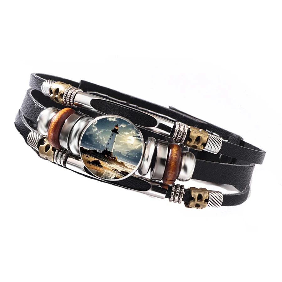 Dusk Lighthouse Pattern Round Glass Alloy Bracelet Charms, Popular European American Foreign Trade Fashion Accessories